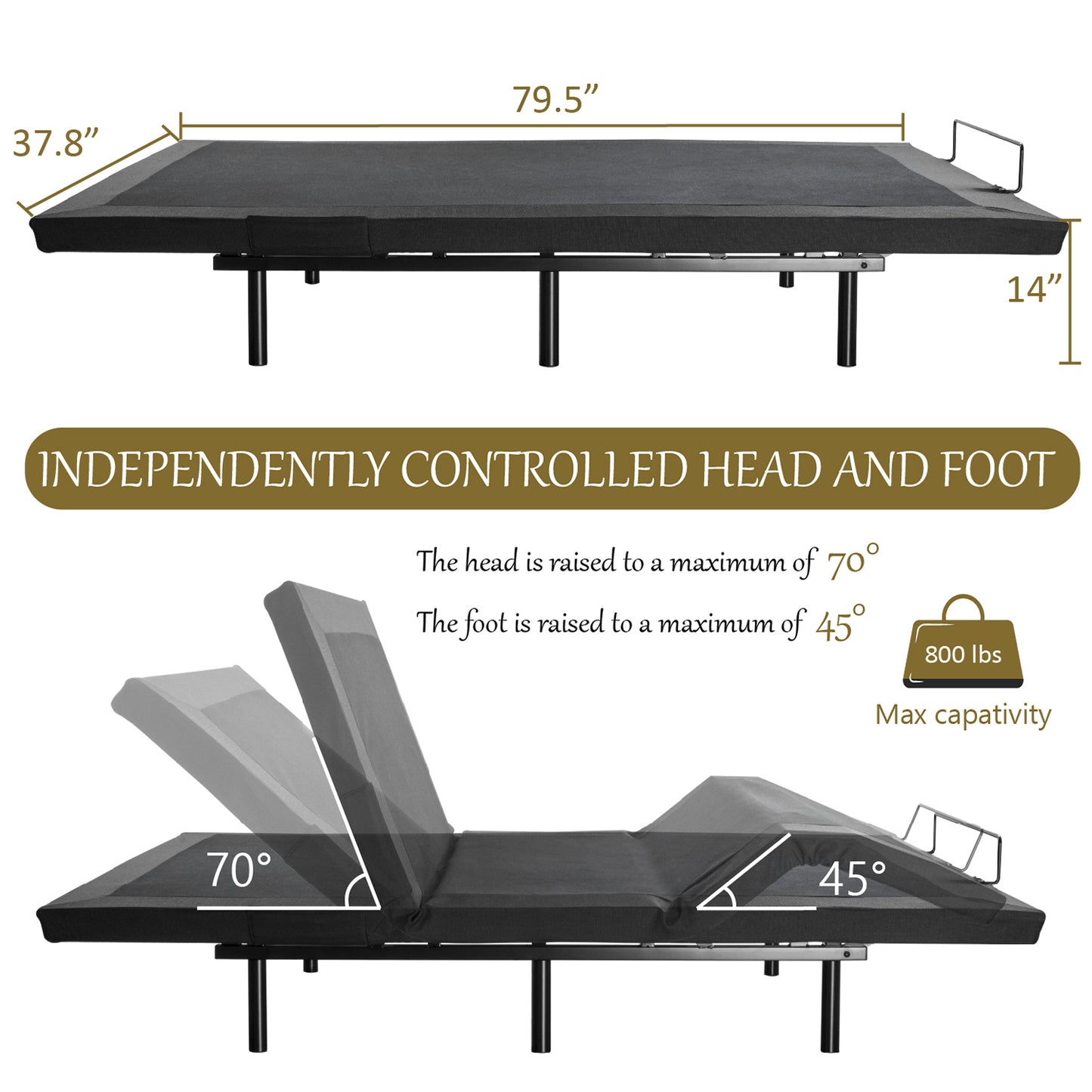 Adjustable Bed Frame with Wireless Remote, Head and Foot Incline, Wood Board Support