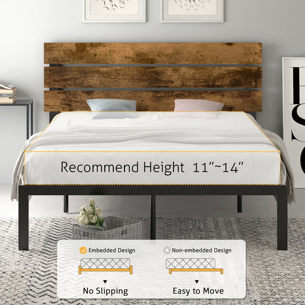 Platform Bed Frame with Wood headboard and Metal Slats / Rustic Country Style Mattress Foundation