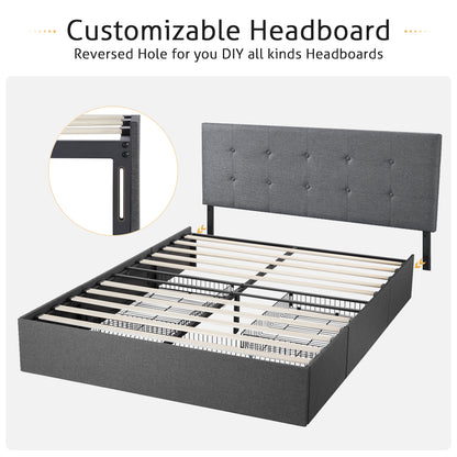 Upholstered Bed Frame with 3 Storage Drawers