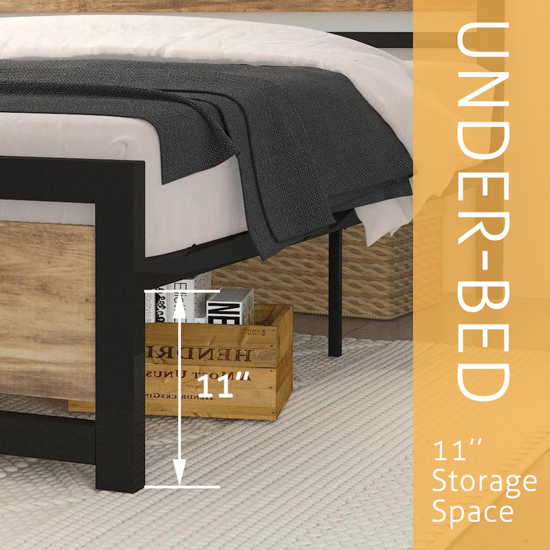 Metal Platform Bed with Modern Wooden Headboard & Footboard