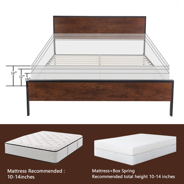 Metal Platform Bed Frame with Wood Headboard and Footboard