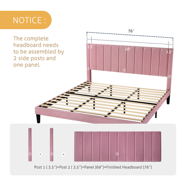 Velvet Bed Frame with Headboard, Strong Wood Slats Support