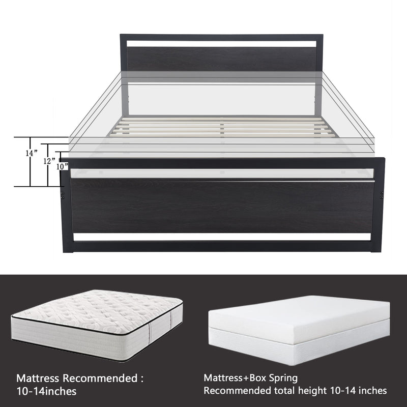 Metal Platform Bed with Modern Wooden Headboard & Footboard