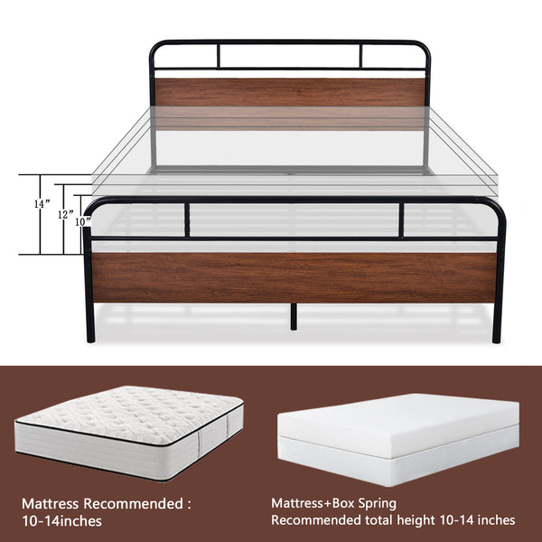 Metal Platform Bed Frame with Modern Wood Headboard, Round Framework Design