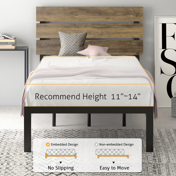 Platform Bed Frame with Wood headboard and Metal Slats / Rustic Country Style Mattress Foundation