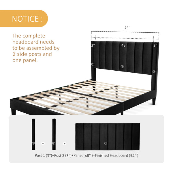 Velvet Bed Frame with Headboard, Strong Wood Slats Support