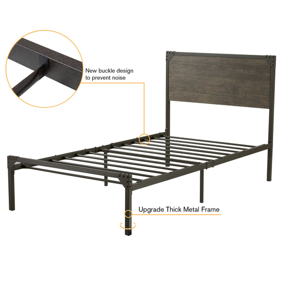 Metal Platform Bed Frame with Wood Headboard, Space Saving, No Box Spring Needed, Noise Free