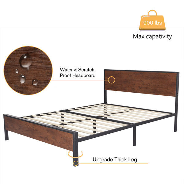 Metal Platform Bed Frame with Wood Headboard and Footboard