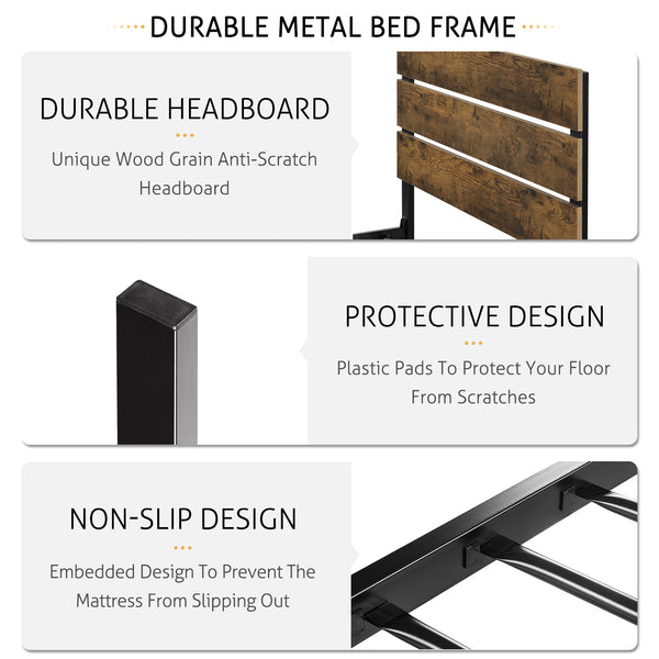 Platform Bed Frame with Wood headboard and Metal Slats / Rustic Country Style Mattress Foundation
