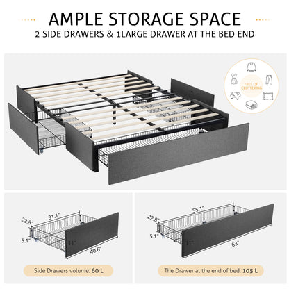 Upholstered Bed Frame with 3 Storage Drawers