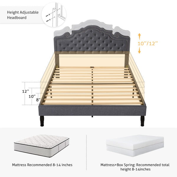 Upholstered Bed with Adjustable Headboard, Crown Bed, Diamond Button Tufted