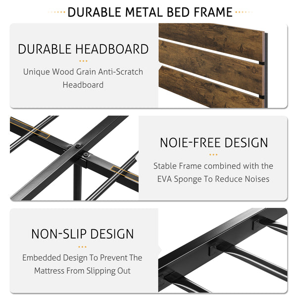 Platform Bed Frame with Wood headboard and Metal Slats / Rustic Country Style Mattress Foundation