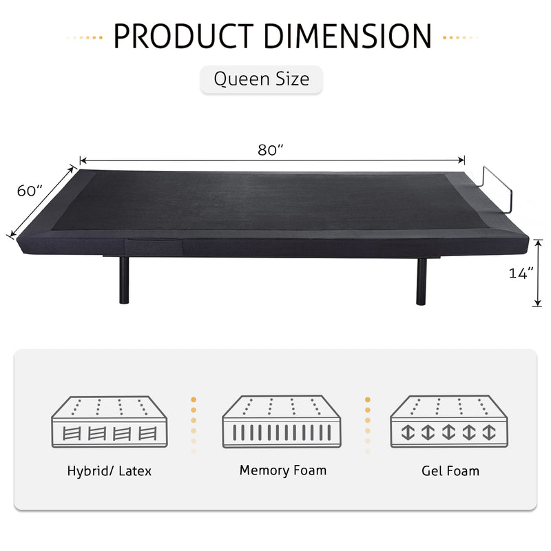 Adjustable Bed Frame with Wireless Remote, Head and Foot Incline, Wood Board Support