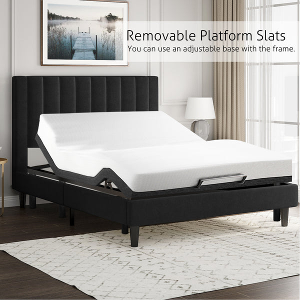 Velvet Bed Frame with Headboard, Strong Wood Slats Support