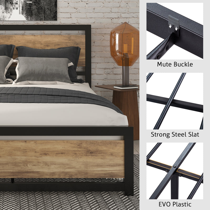 Metal Platform Bed with Modern Wooden Headboard & Footboard