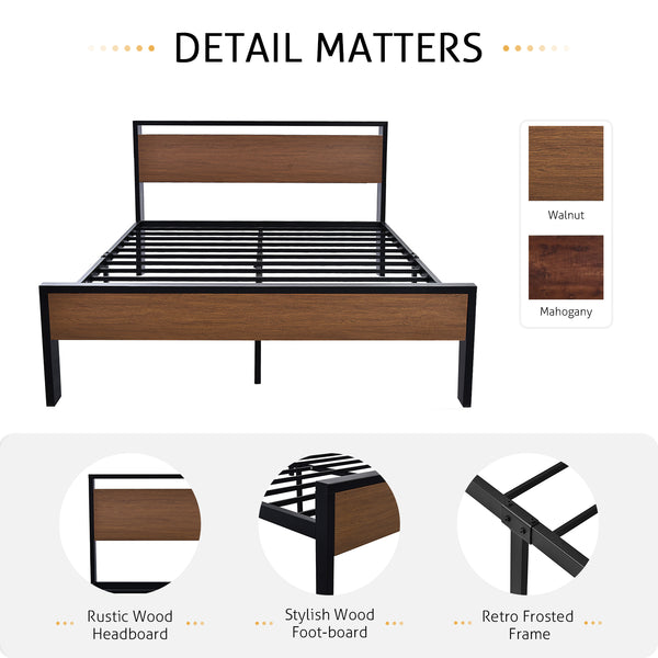 Metal Platform Bed Frame with Wooden Headboard and Footboard