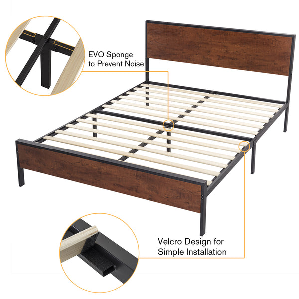 Metal Platform Bed Frame with Wood Headboard and Footboard