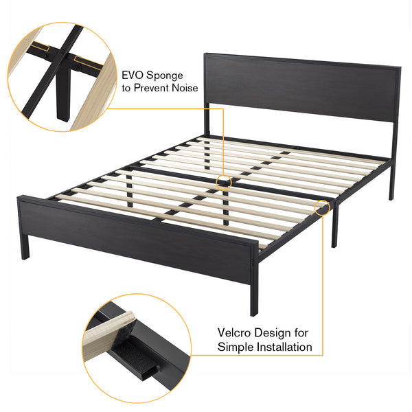 Metal Platform Bed Frame with Wood Headboard and Footboard