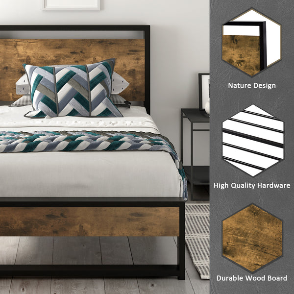 Metal Bed Frame with Wooden Industrial Headboard, Noise Free Design