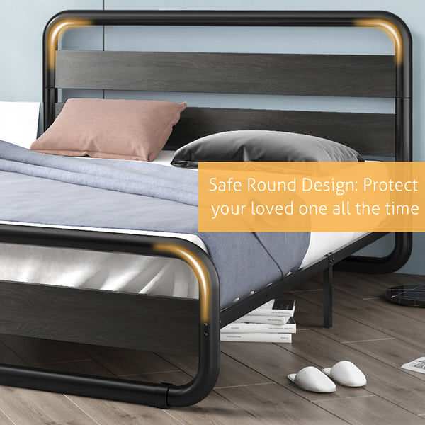 Metal Bed Frame with Wooden Headboard & Footboard,