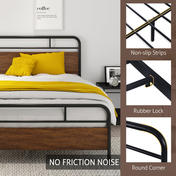 Metal Platform Bed Frame with Modern Wood Headboard, Round Framework Design