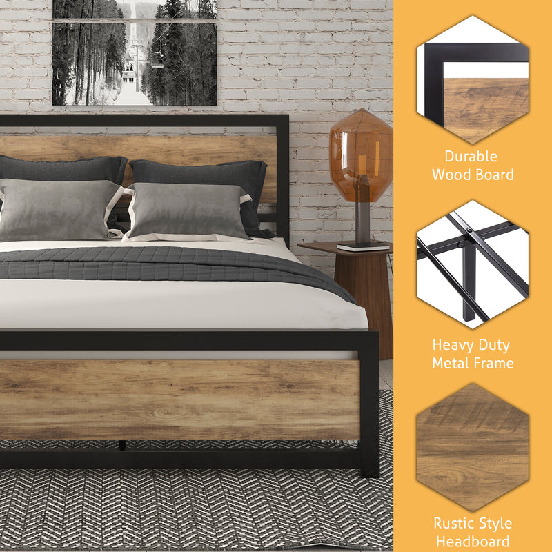 Metal Platform Bed with Modern Wooden Headboard & Footboard