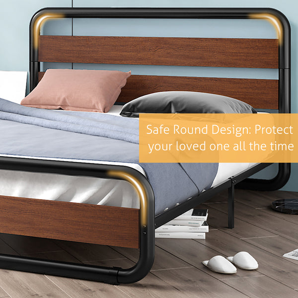 Metal Bed Frame with Wooden Headboard & Footboard,