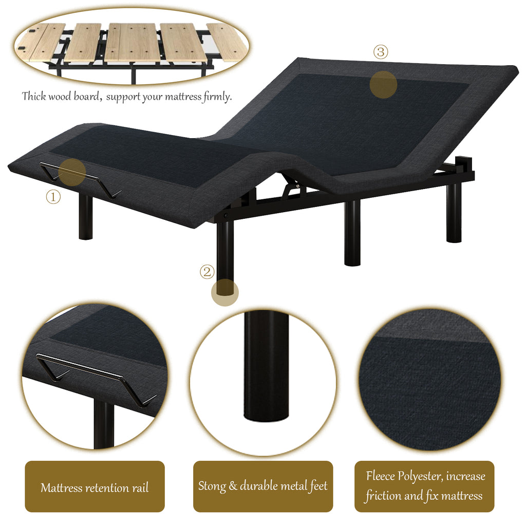 Adjustable Bed Frame with Wireless Remote, Head and Foot Incline, Wood