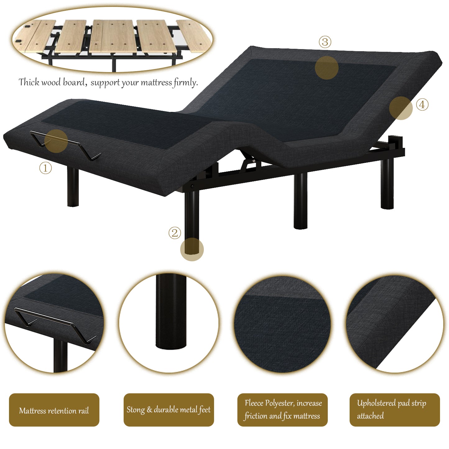 Adjustable Bed Frame with Wireless Remote, Head and Foot Incline, Wood Board Support