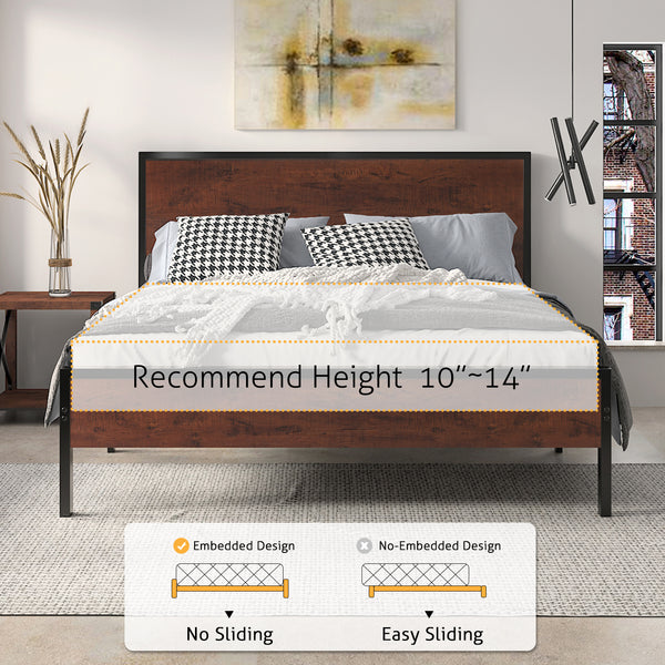 Metal Platform Bed Frame with Wood Headboard and Footboard