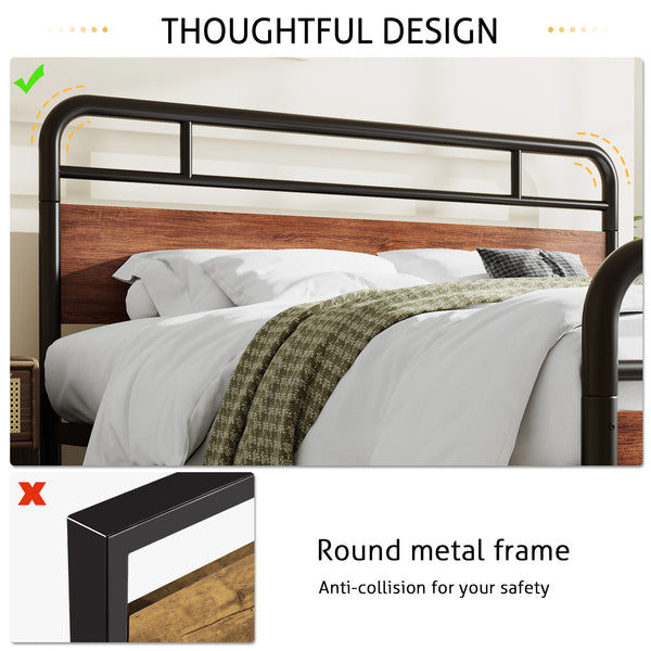 Metal Platform Bed Frame with Modern Wood Headboard, Round Framework Design