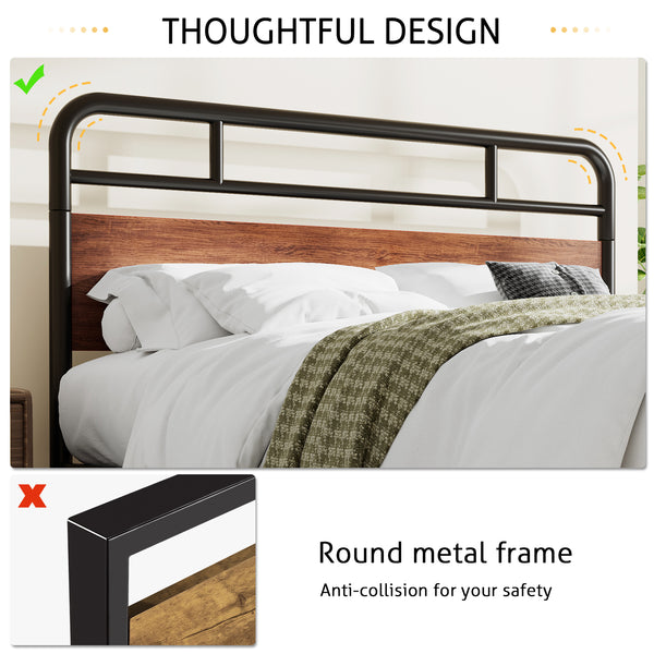 Metal Platform Bed Frame with Modern Wood Headboard, Round Framework Design