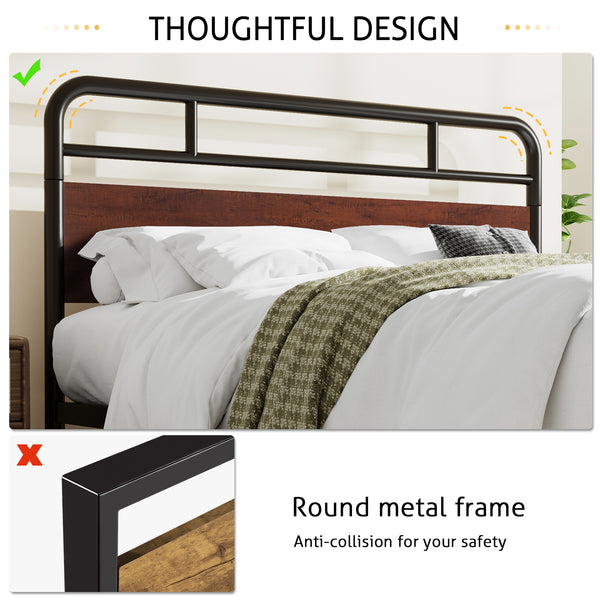 Metal Platform Bed Frame with Modern Wood Headboard, Round Framework Design