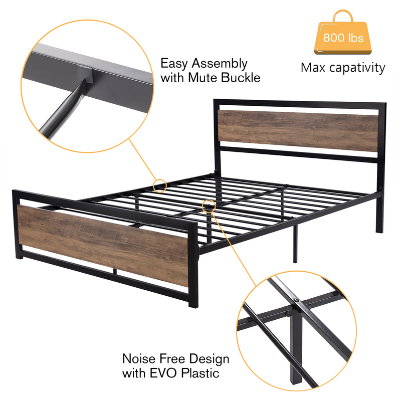 Metal Platform Bed with Modern Wooden Headboard & Footboard