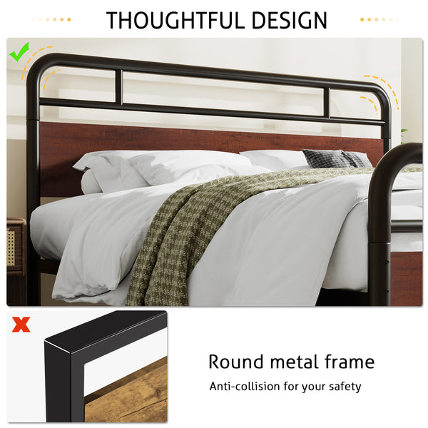 Metal Platform Bed Frame with Modern Wood Headboard, Round Framework Design