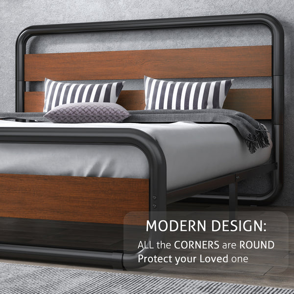 Metal Bed Frame with Wooden Headboard & Footboard,