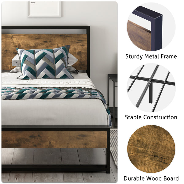 Metal Bed Frame with Wooden Industrial Headboard, Noise Free Design