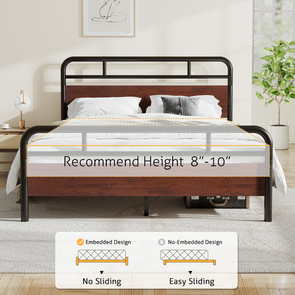 Metal Platform Bed Frame with Modern Wood Headboard, Round Framework Design