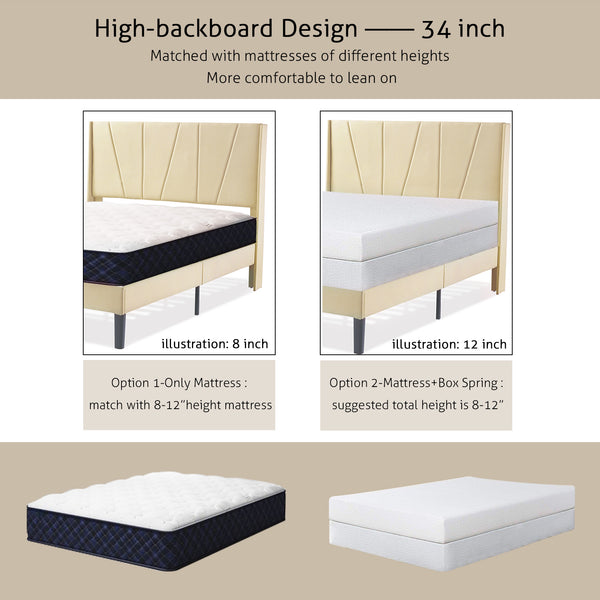 Upholstered Linen Platform Bed Frame with Geometric Wingback Headboard, Mattress Foundation