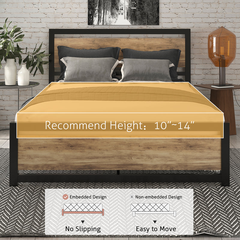 Metal Platform Bed with Modern Wooden Headboard & Footboard