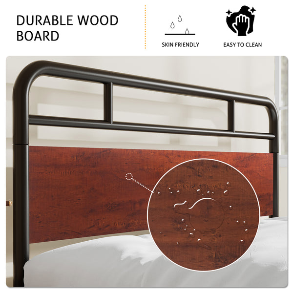 Metal Platform Bed Frame with Modern Wood Headboard, Round Framework Design