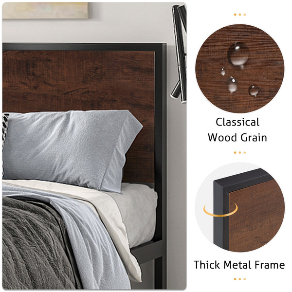 Metal Platform Bed Frame with Wood Headboard and Footboard