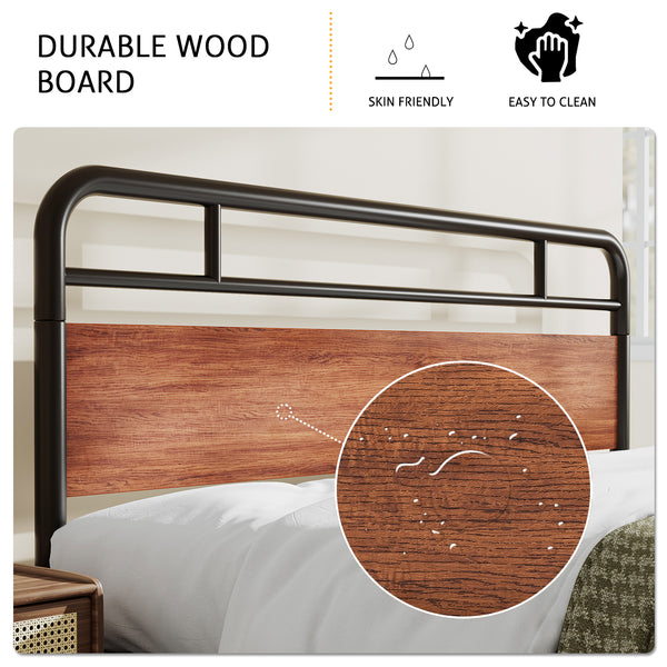 Metal Platform Bed Frame with Modern Wood Headboard, Round Framework Design