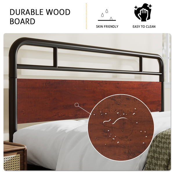 Metal Platform Bed Frame with Modern Wood Headboard, Round Framework Design