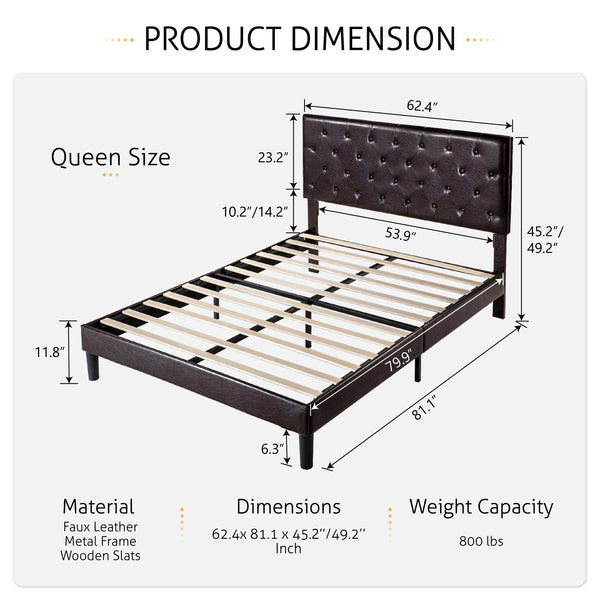 Upholstered Bed with Adjustable Diamond Stitched Button Tufted Headboard