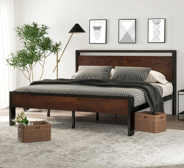 Metal Platform Bed Frame with Wooden Headboard and Footboard