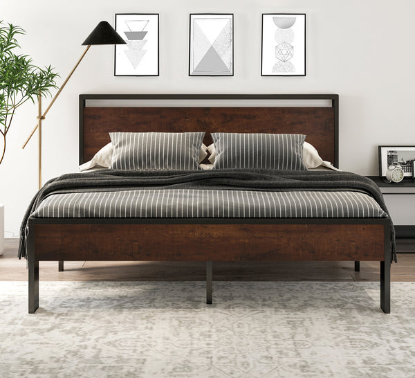 Metal Platform Bed Frame with Wooden Headboard and Footboard