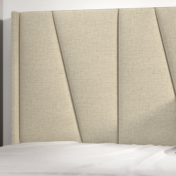 Upholstered Linen Platform Bed Frame with Geometric Wingback Headboard, Mattress Foundation