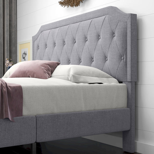 Upholstered Bed, Platform Bed with Curved Rhombic Button Tufted Headboard