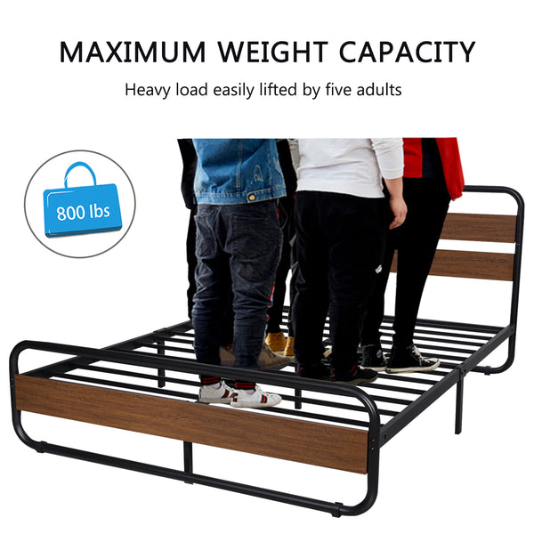 Metal Bed Frame with Wooden Headboard & Footboard,